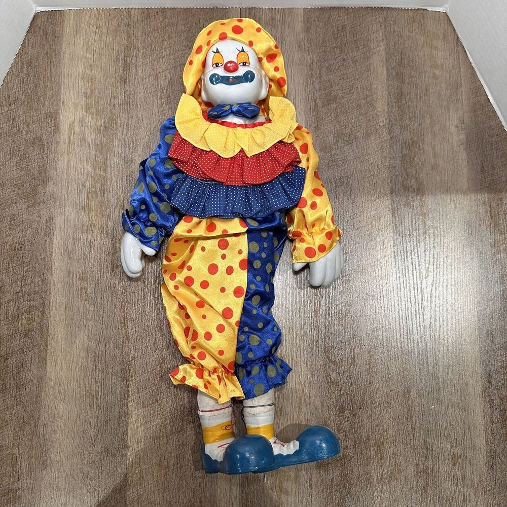 Vintage Porcelain Clown‎ Doll 24"  Colorful Polka Dot